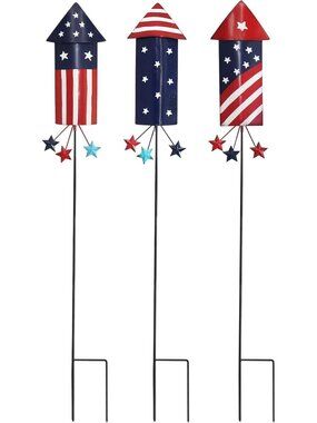 Patriotic 4th of July Garden Stakes - Set of 3 Metal Firework Decorations